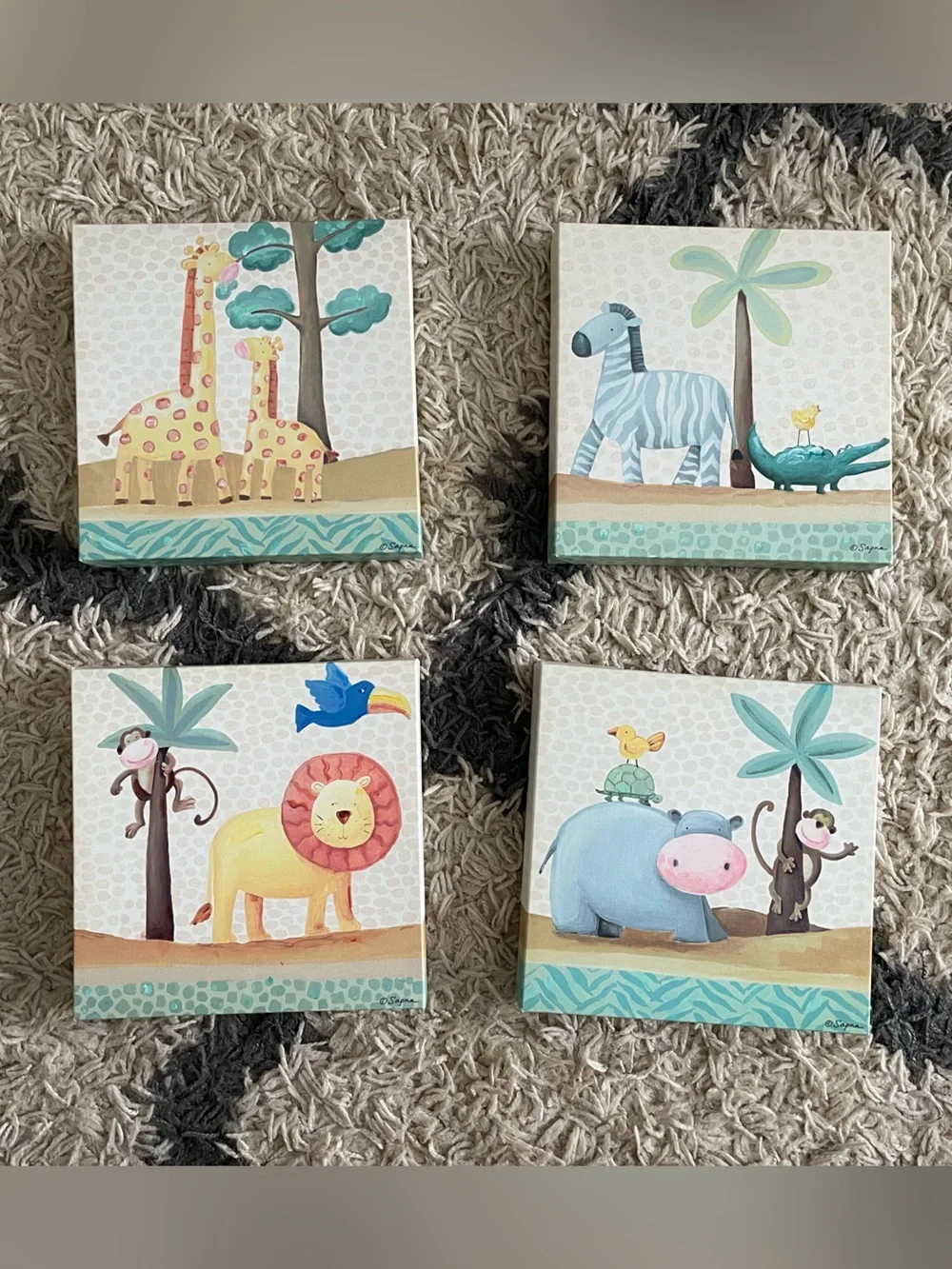 Sapna Set of 4 Nursery Jungle Animal Wall Art Set Neutral Blue, Yellow, Green
